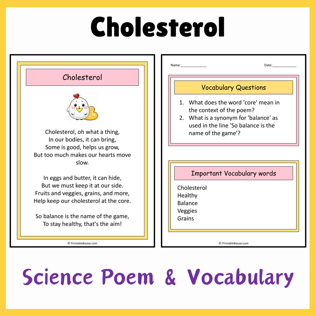 Cholesterol | Science Poem Reading Comprehension Activity