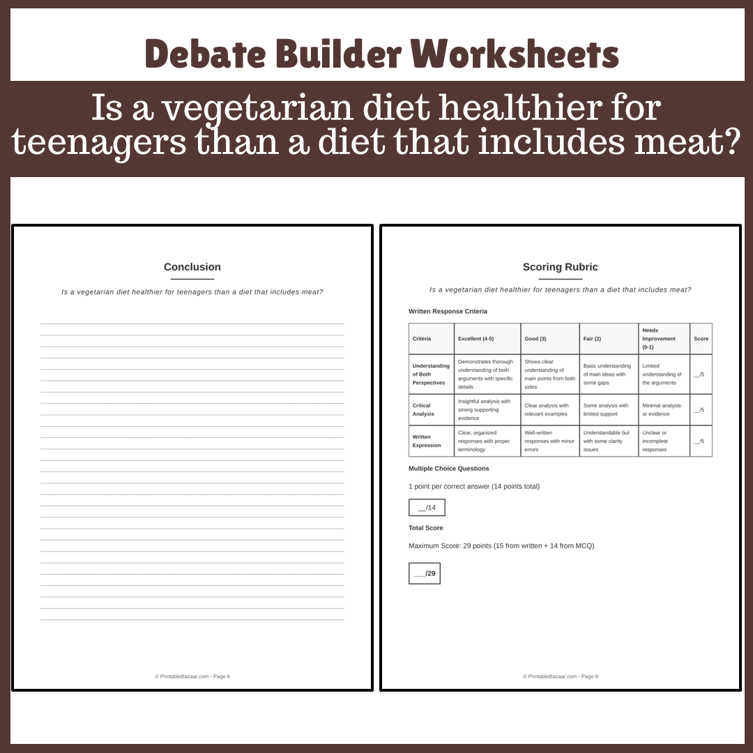 Is a vegetarian diet healthier for teenagers than a diet that includes meat? | Favour and Against Worksheet Printable Activity