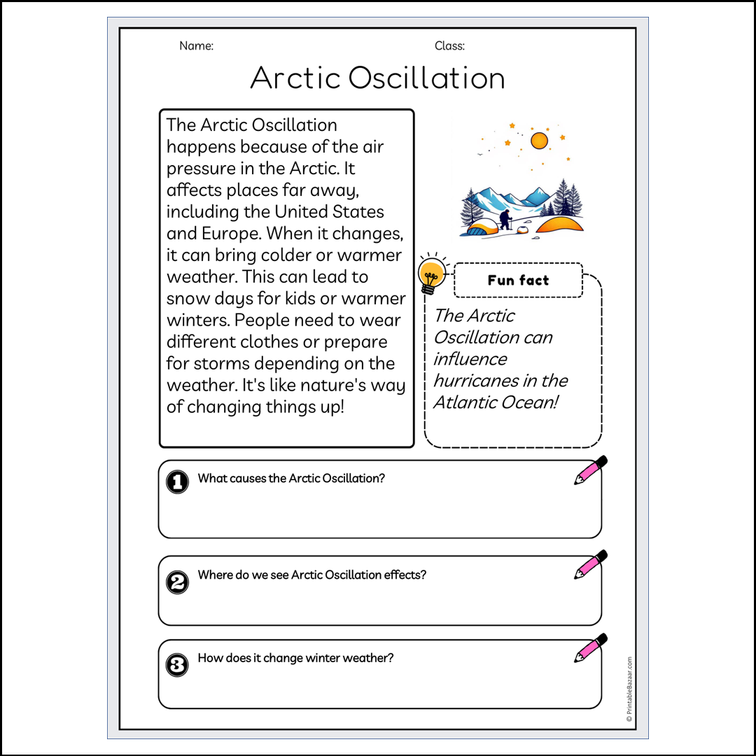 Arctic Oscillation | Reading Passage Comprehension Questions Writing Facts Worksheet