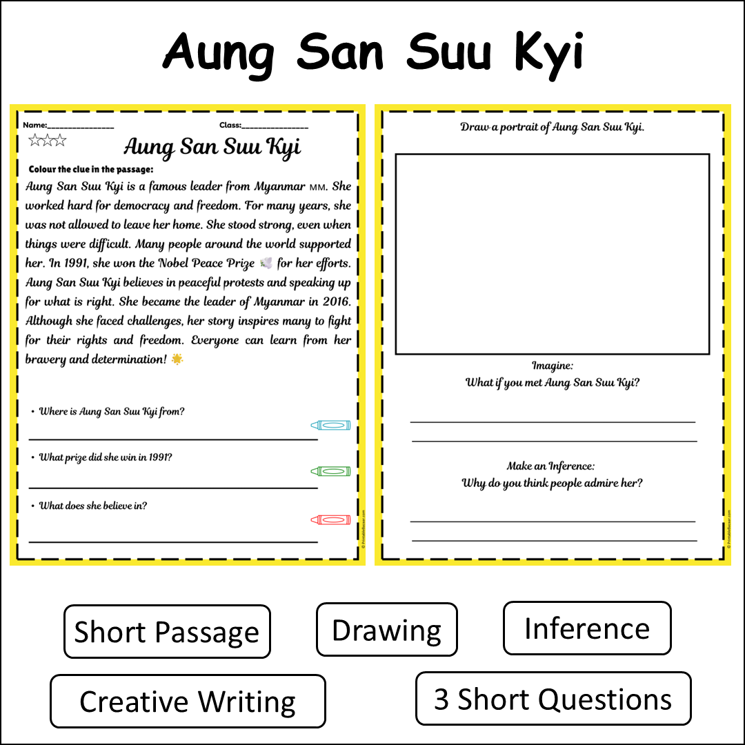 Aung San Suu Kyi | Short Reading Comprehension Creative Worksheet
