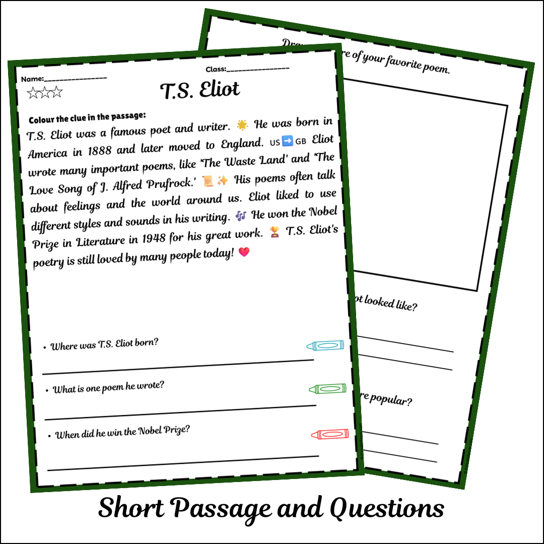 T.S. Eliot | Short Reading Comprehension Creative Worksheet