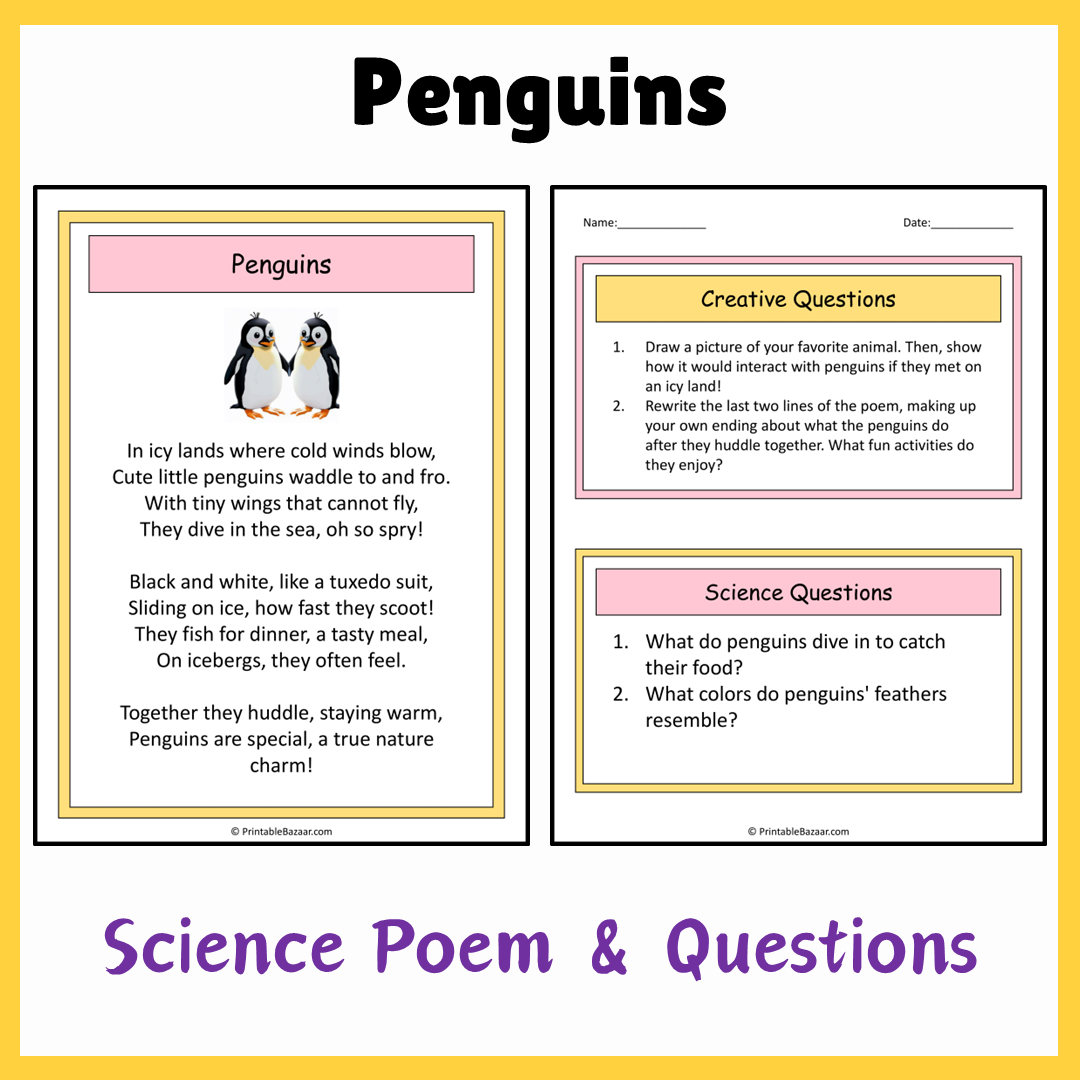 Penguins | Science Poem Reading Comprehension Activity