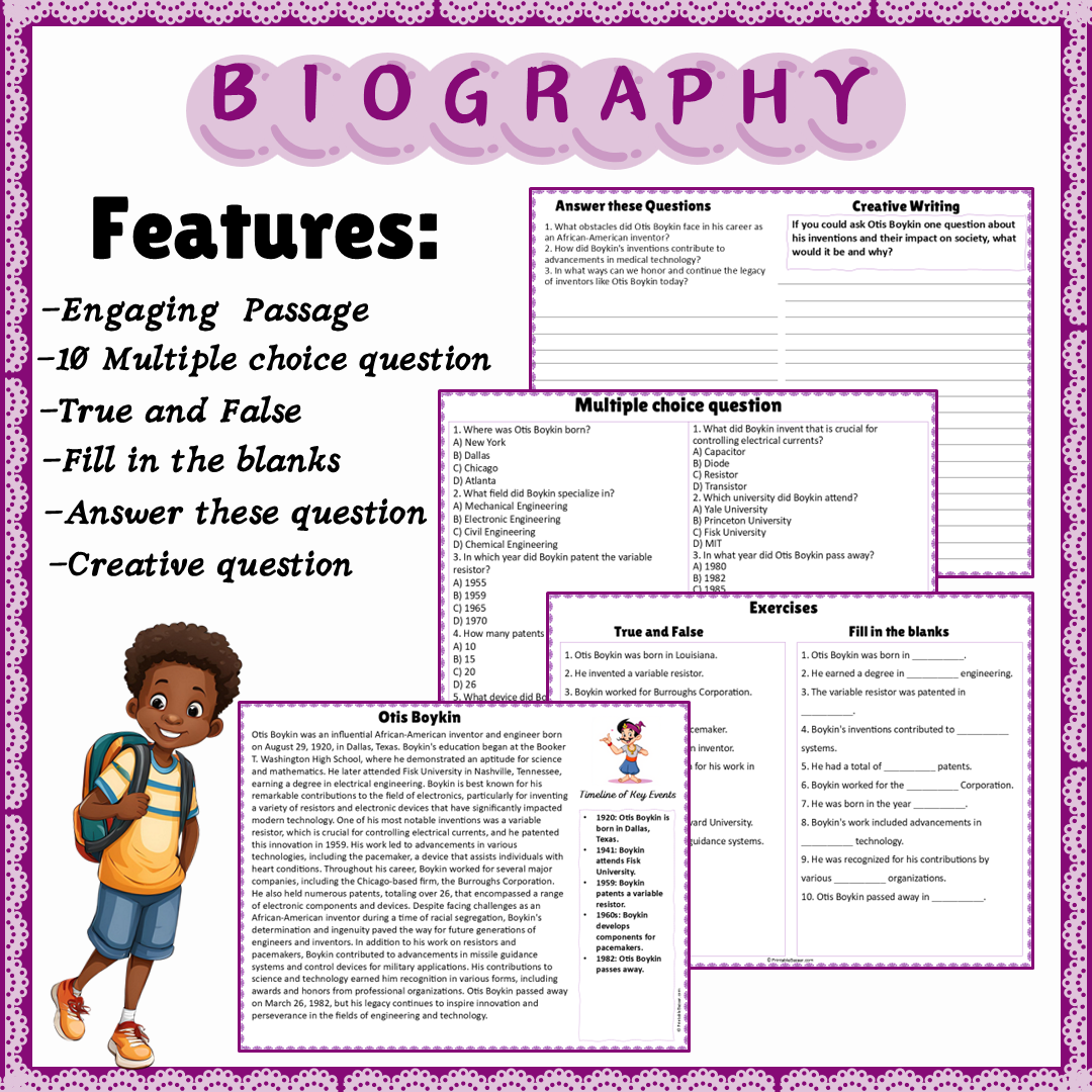 Otis Boykin | Biography Reading Comprehension and Questions Worksheet
