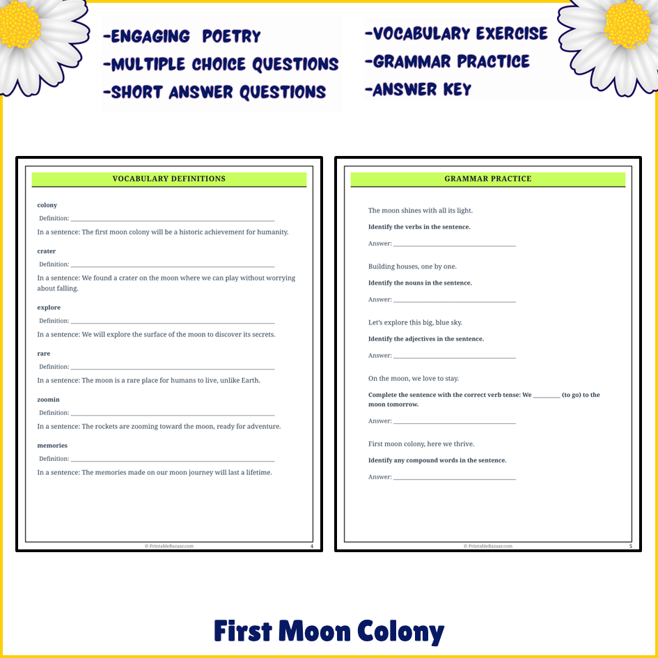First Moon Colony | Poem Grammar Worksheet Printable Activity