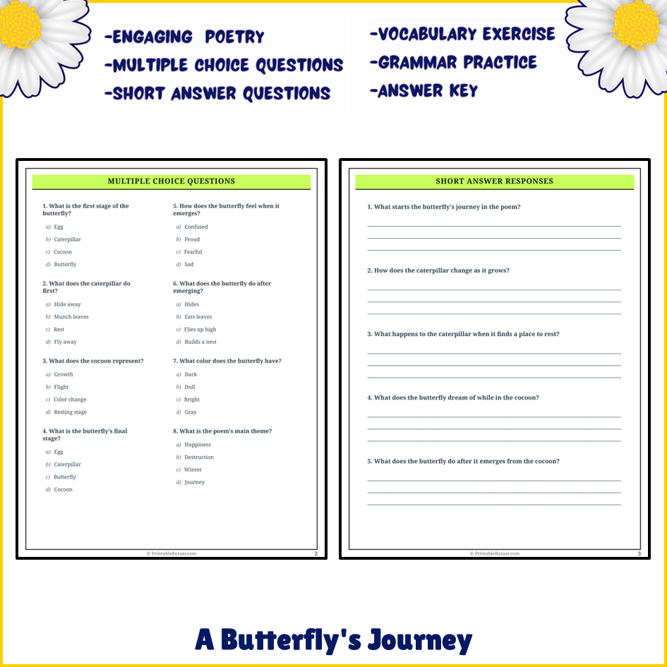 A Butterfly's Journey | Poem Grammar Worksheet Printable Activity