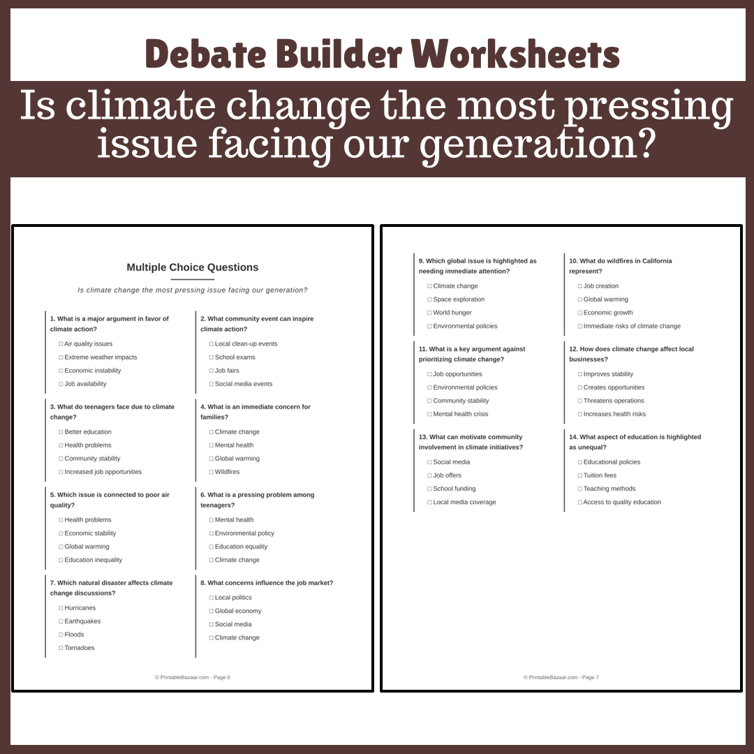 Is climate change the most pressing issue facing our generation? | Favour and Against Worksheet Printable Activity