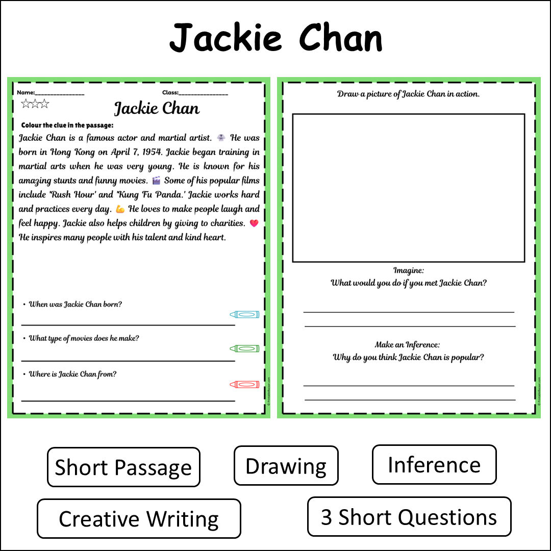 Jackie Chan | Short Reading Comprehension Creative Worksheet