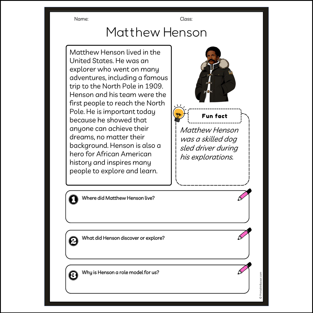Matthew Henson | Reading Passage Comprehension Questions Writing Facts Worksheet