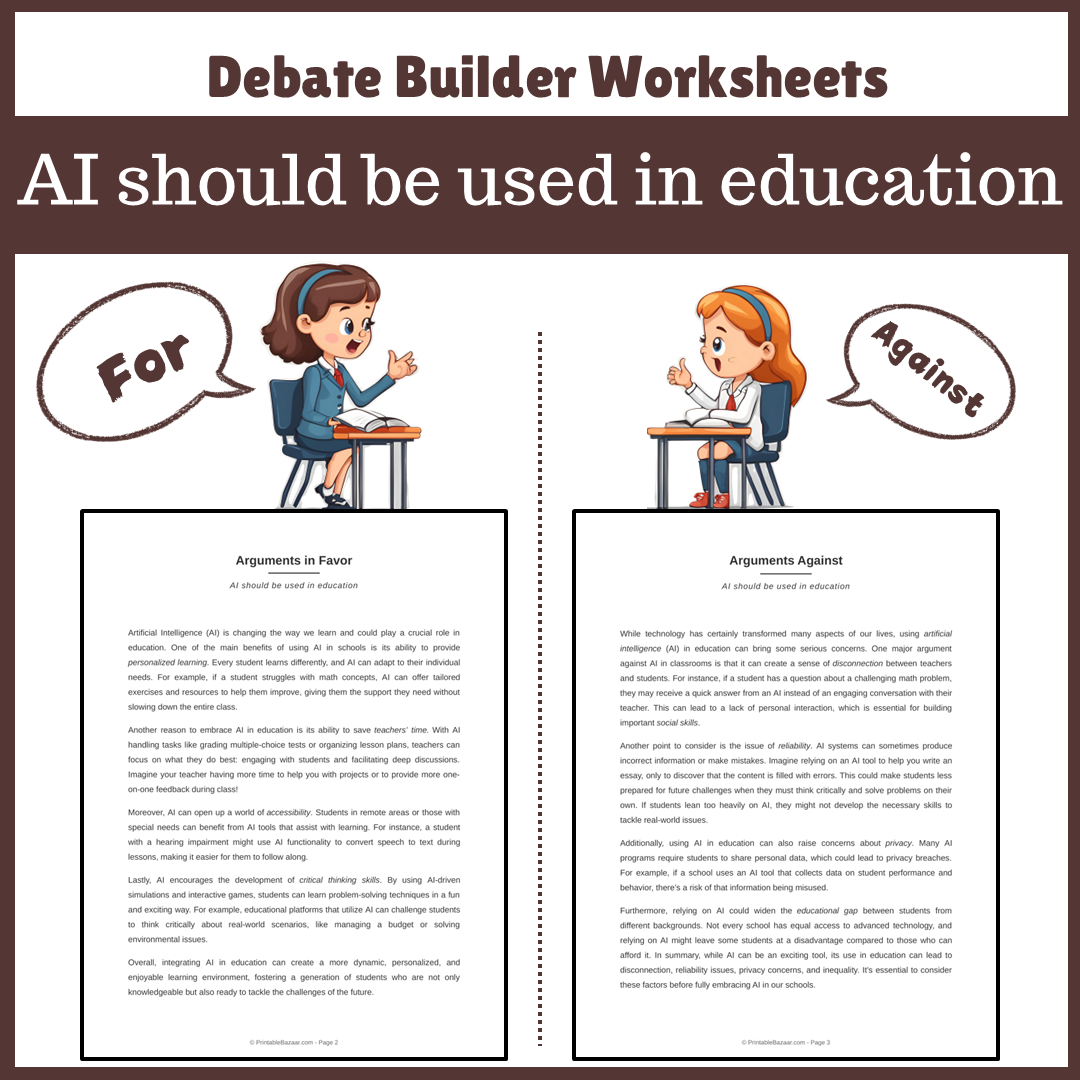 AI should be used in education | Favour and Against Worksheet Printable Activity