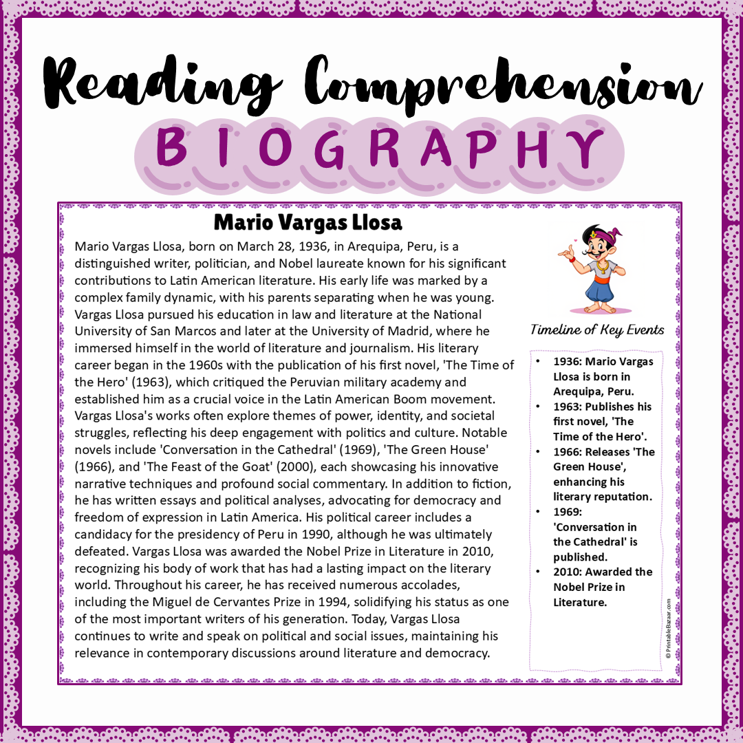 Mario Vargas Llosa | Biography Reading Comprehension and Questions Worksheet