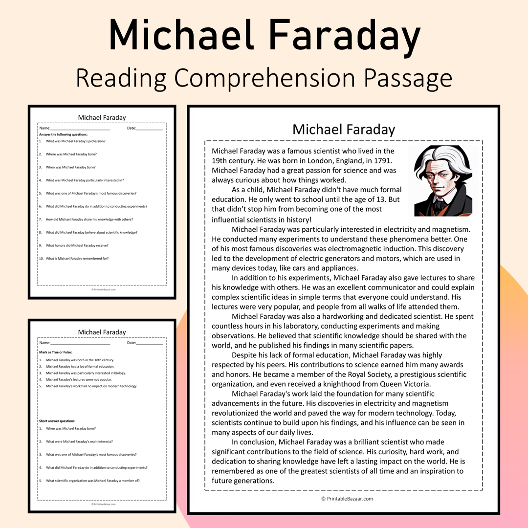 Michael Faraday | Reading Comprehension Passage Printable Activity