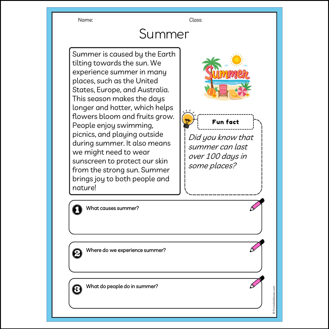 Summer | Reading Passage Comprehension Questions Writing Facts Worksheet