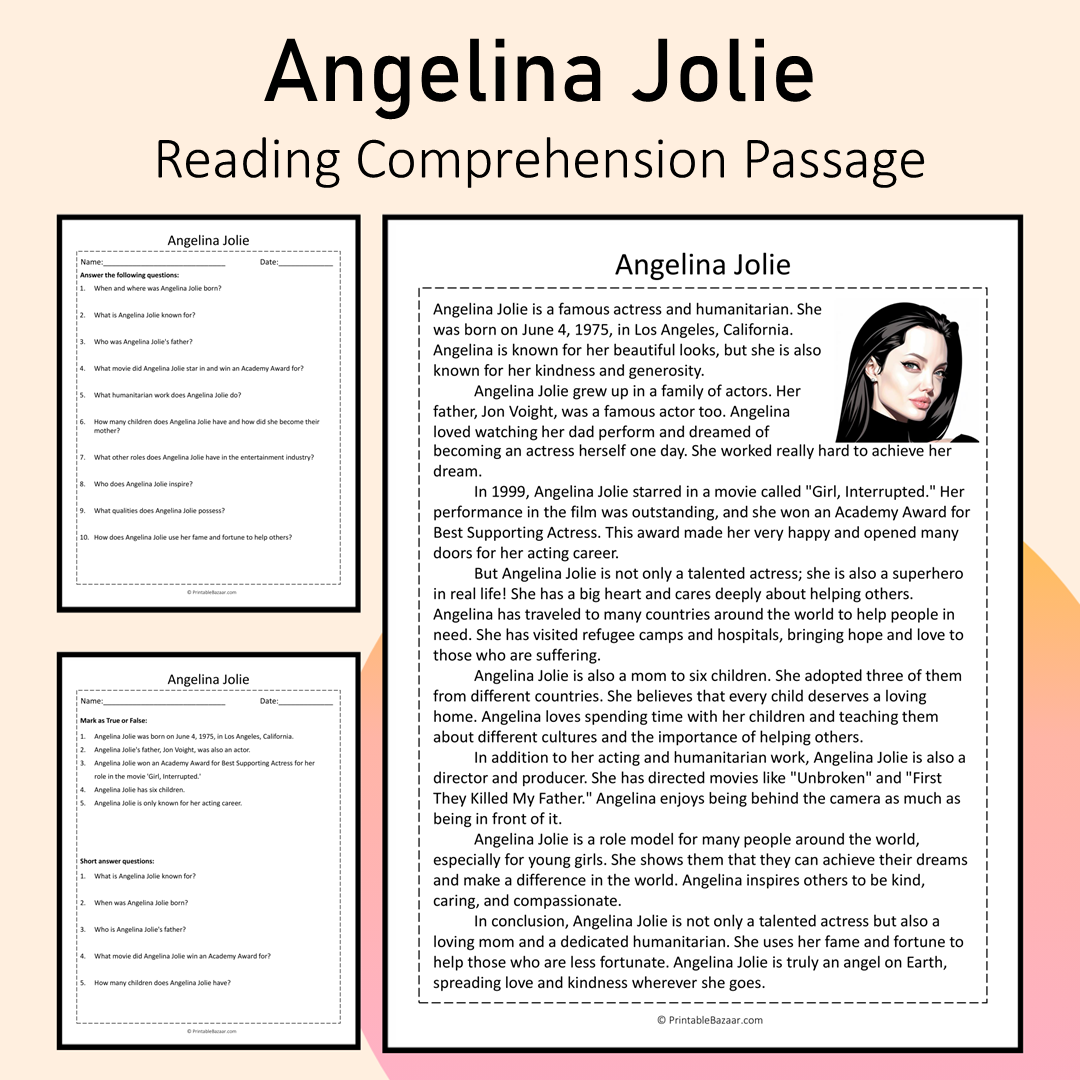 Angelina Jolie | Reading Comprehension Passage Printable Activity