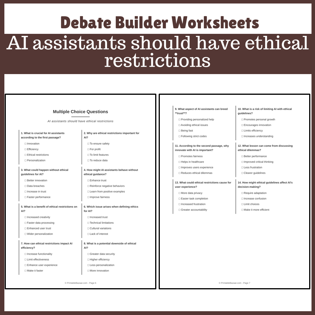 AI assistants should have ethical restrictions | Favour and Against Worksheet Printable Activity