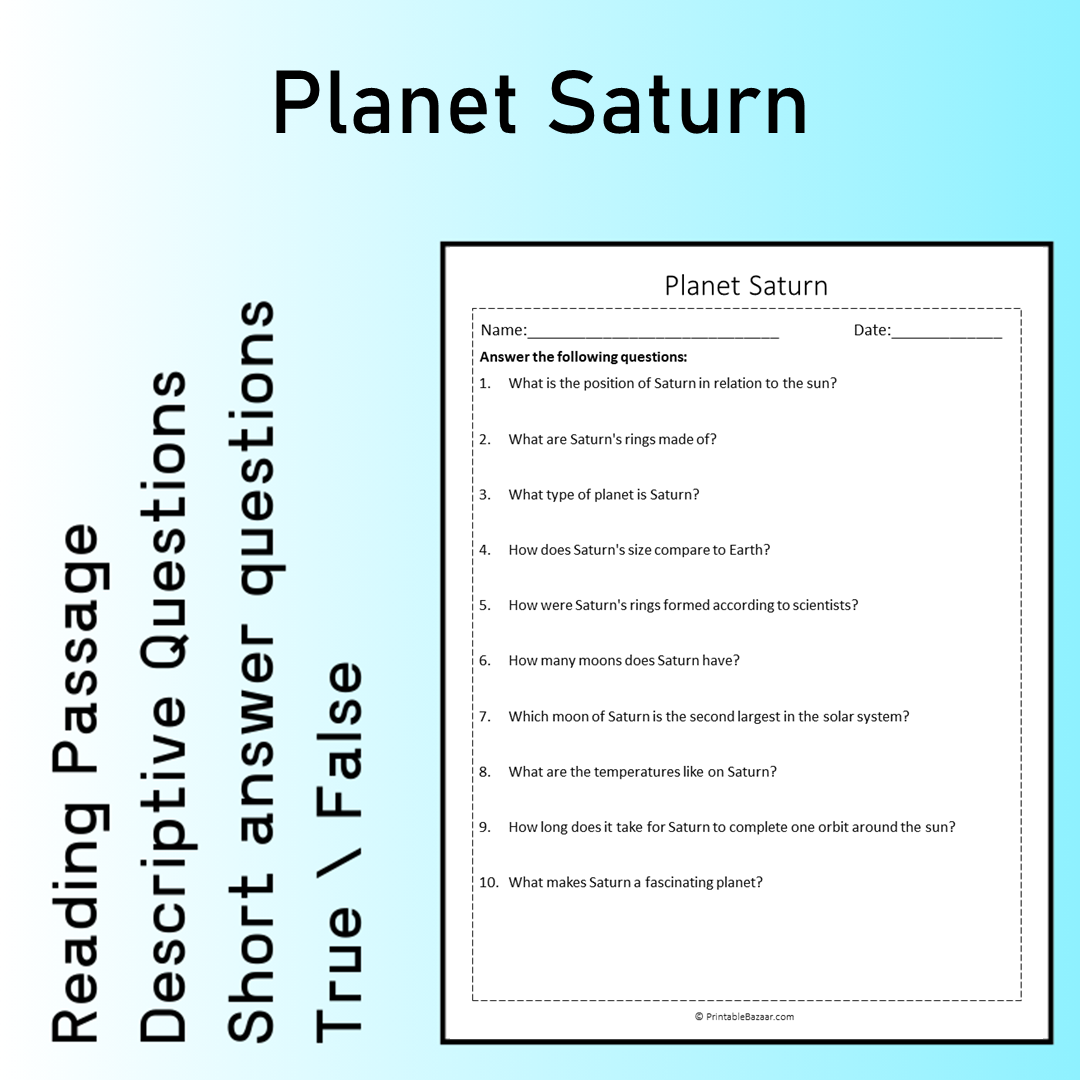 Planet Saturn | Reading Comprehension Passage Printable Worksheet