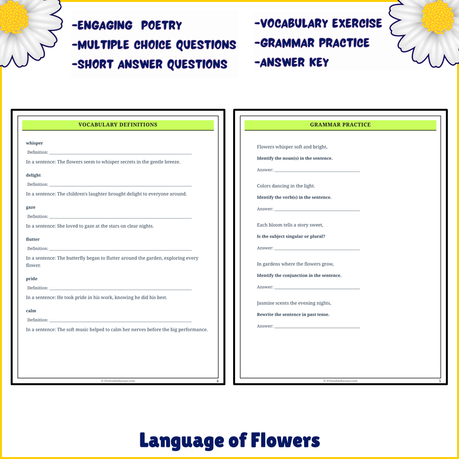 Language of Flowers | Poem Grammar Worksheet Printable Activity