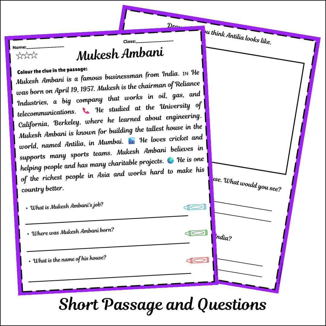 Mukesh Ambani | Short Reading Comprehension Creative Worksheet