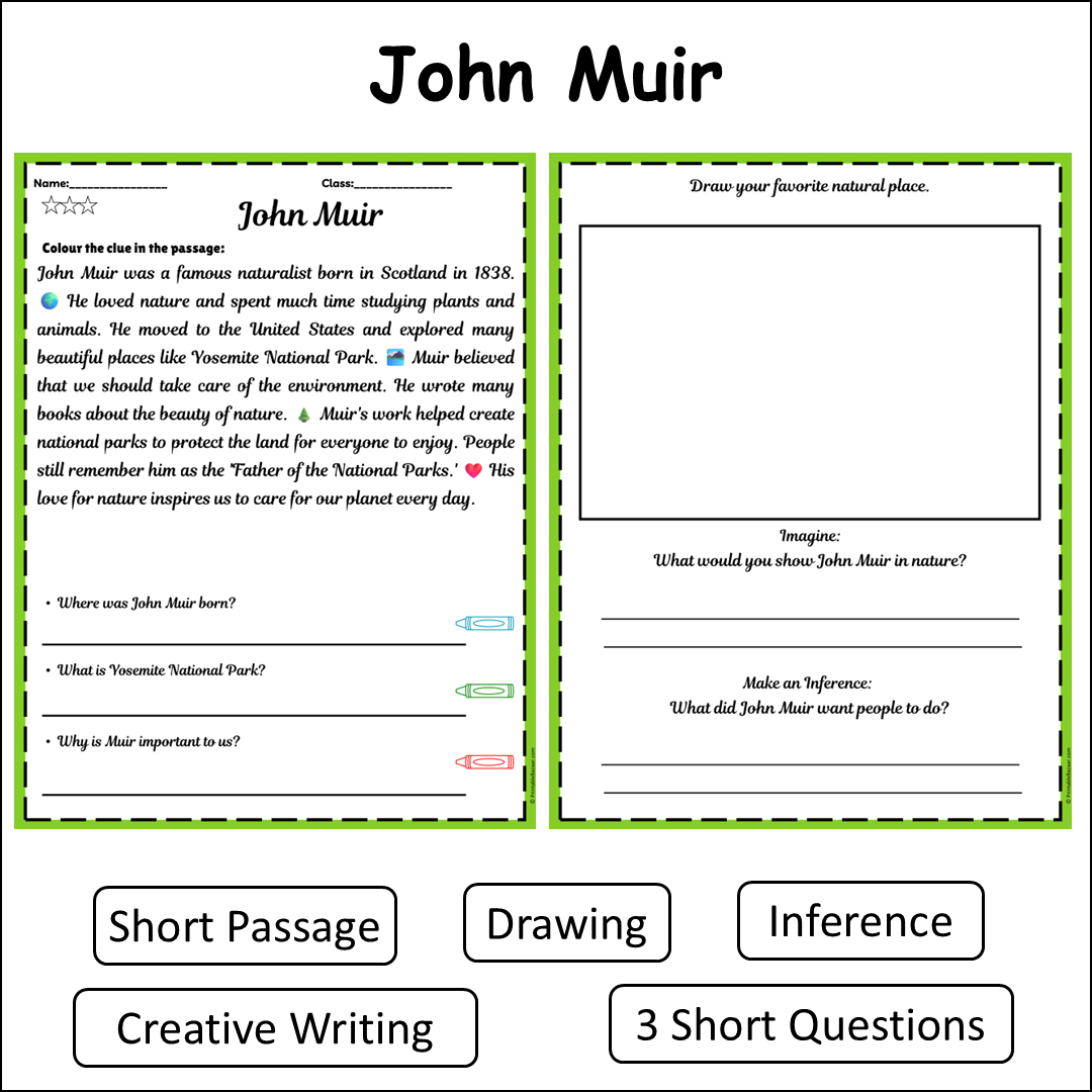 John Muir | Short Reading Comprehension Creative Worksheet