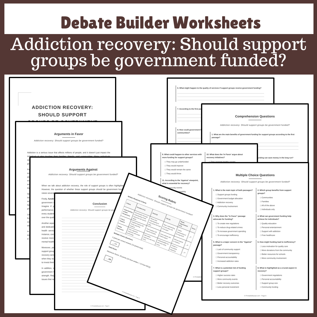 Addiction recovery: Should support groups be government funded? | Favour and Against Worksheet Printable Activity