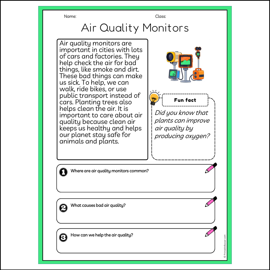 Air Quality Monitors | Reading Passage Comprehension Questions Writing Facts Worksheet