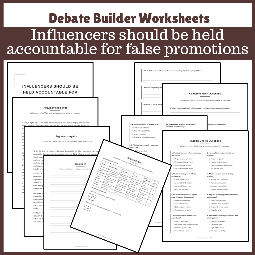 Influencers should be held accountable for false promotions | Favour and Against Worksheet Printable Activity