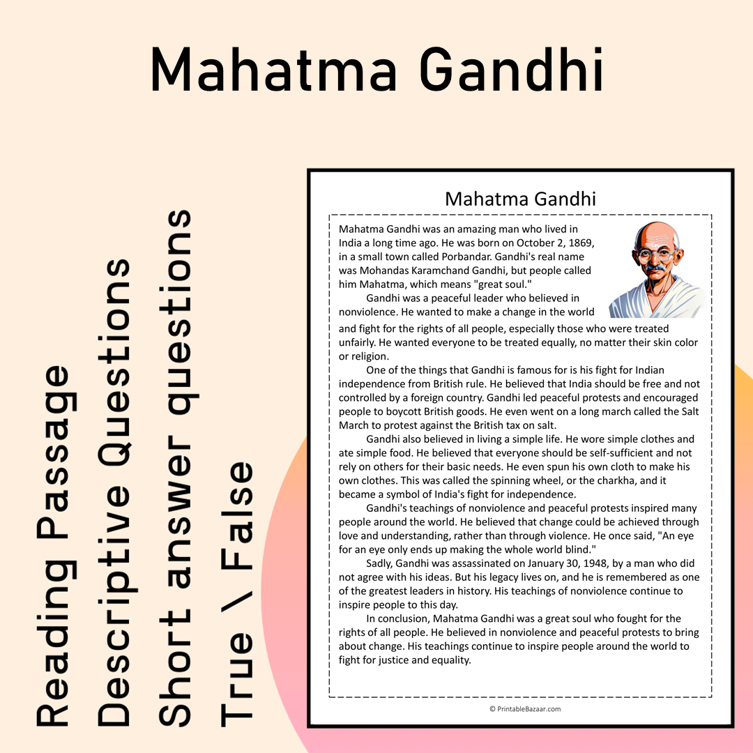 Mahatma Gandhi | Reading Comprehension Passage Printable Activity