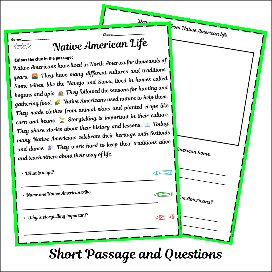 Native American Life | Short Reading Comprehension Creative Worksheet