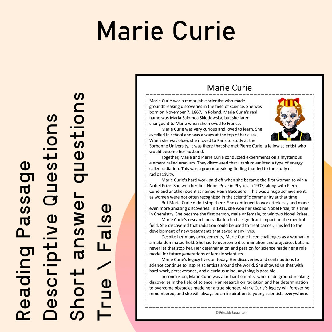 Marie Curie | Reading Comprehension Passage Printable Activity