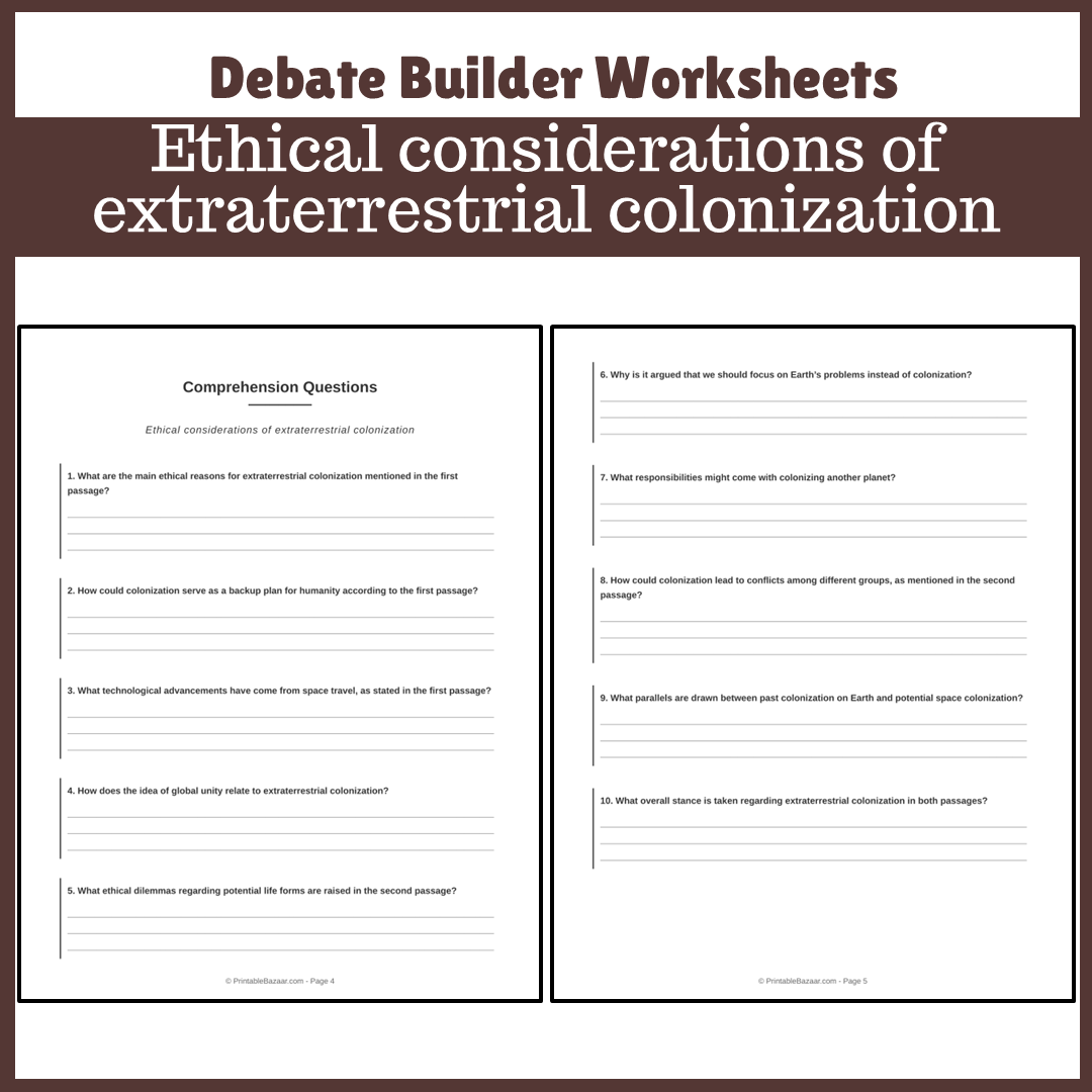 Ethical considerations of extraterrestrial colonization | Favour and Against Worksheet Printable Activity