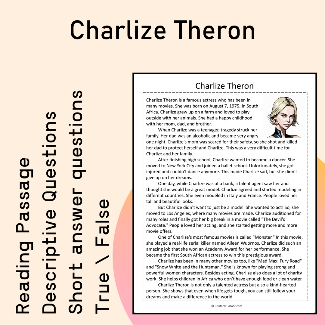 Charlize Theron | Reading Comprehension Passage Printable Activity