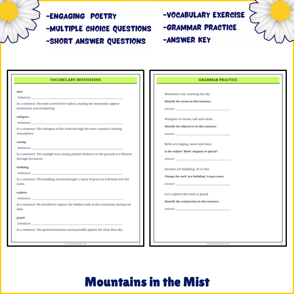 Mountains in the Mist | Poem Grammar Worksheet Printable Activity