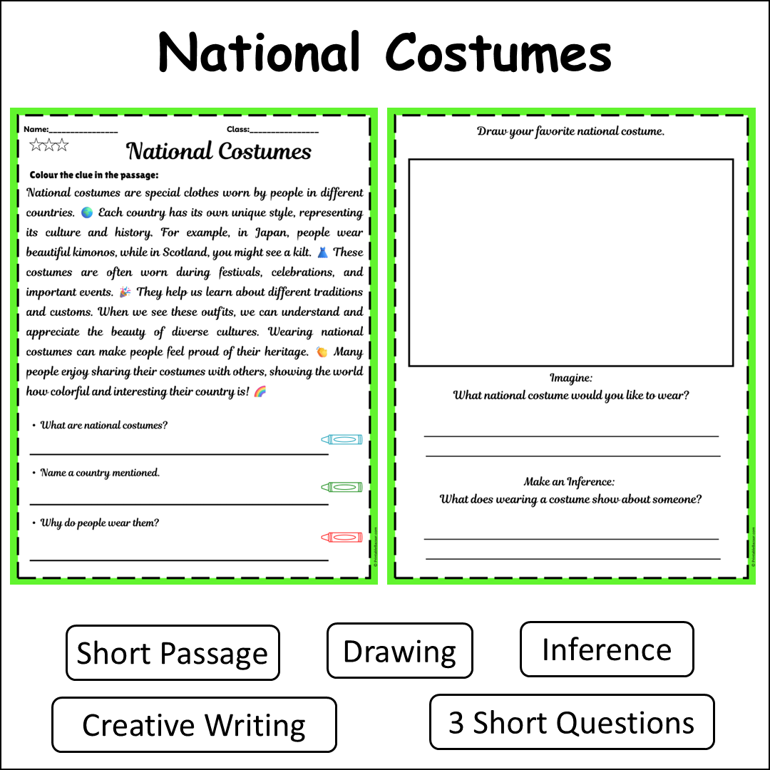 National Costumes | Short Reading Comprehension Creative Worksheet