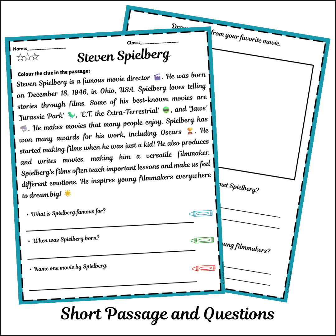 Steven Spielberg | Short Reading Comprehension Creative Worksheet