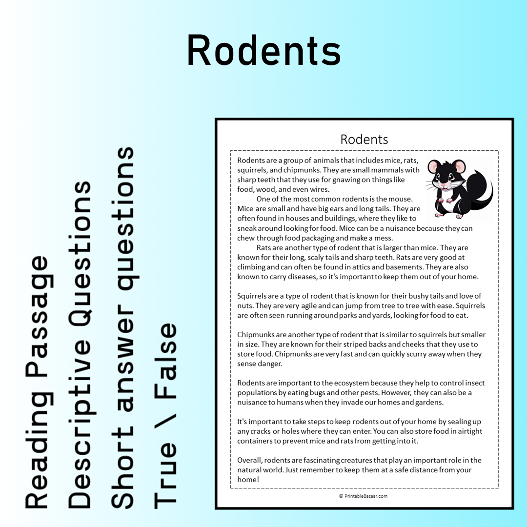 Rodents | Reading Comprehension Passage Printable Worksheet
