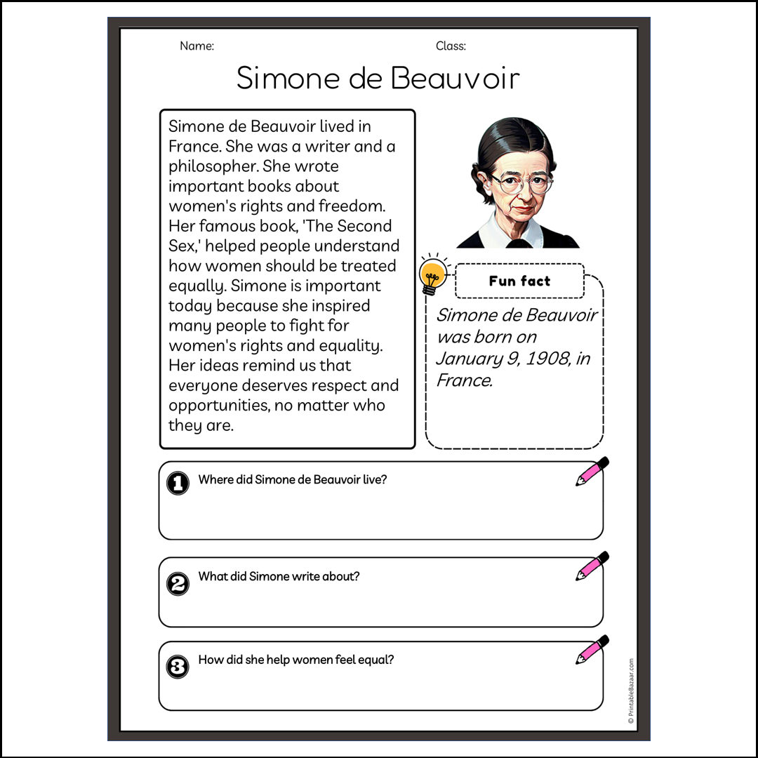 Simone de Beauvoir | Reading Passage Comprehension Questions Writing Facts Worksheet