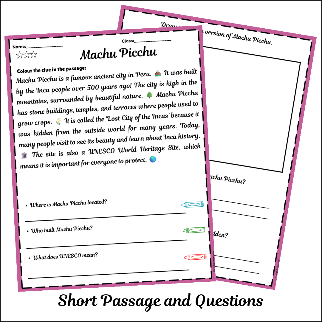 Machu Picchu | Short Reading Comprehension Creative Worksheet