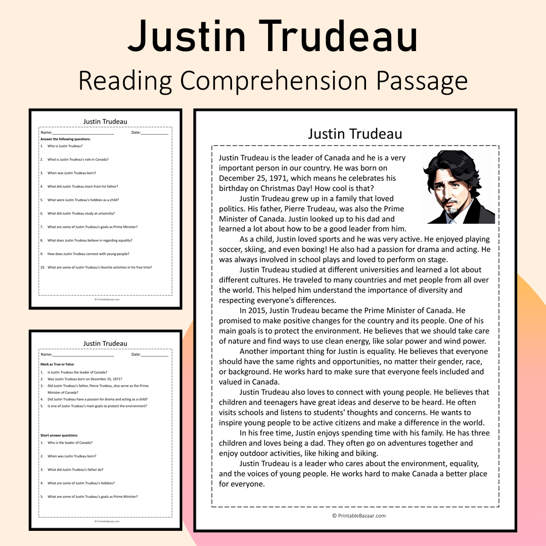 Justin Trudeau | Reading Comprehension Passage Printable Activity