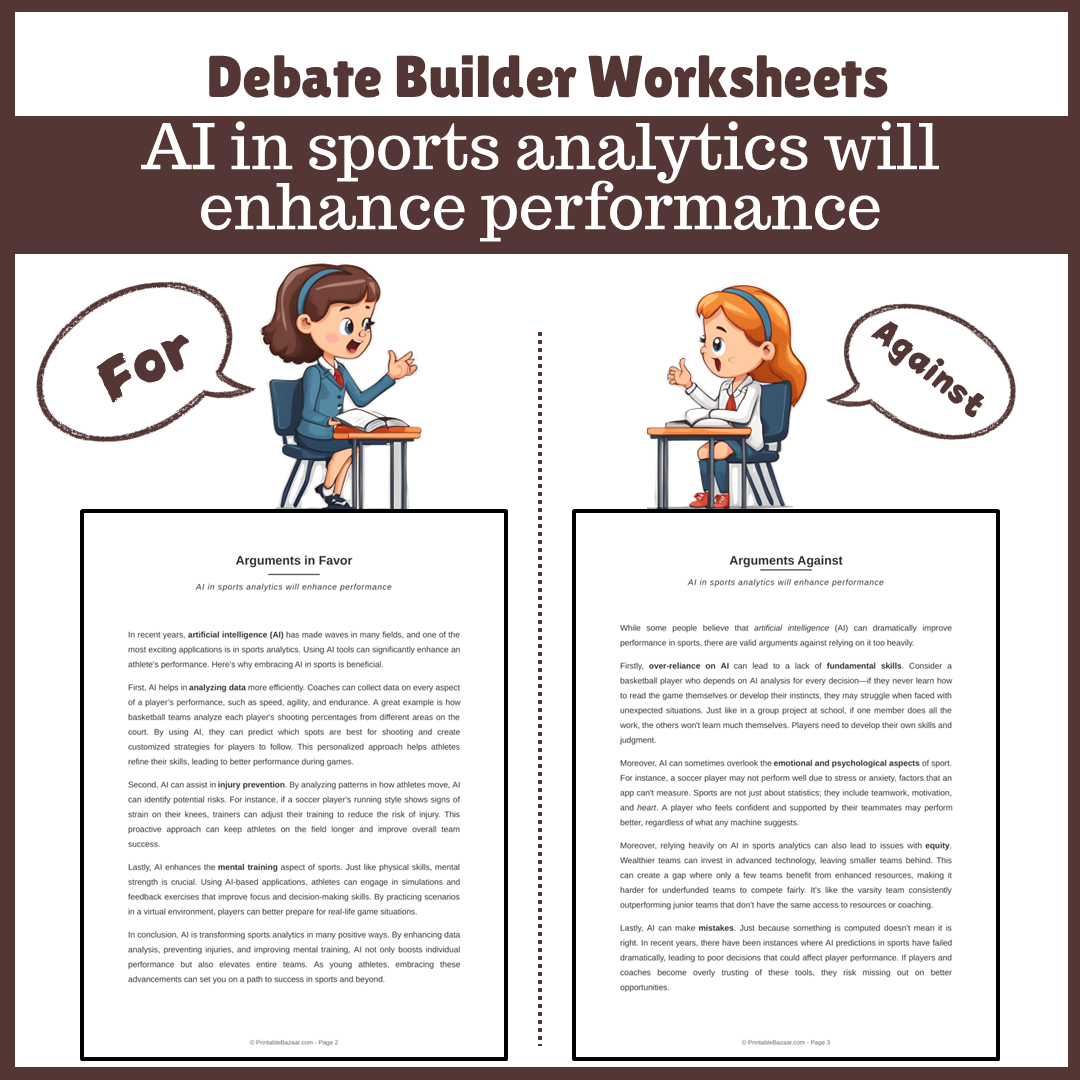AI in sports analytics will enhance performance | Favour and Against Worksheet Printable Activity