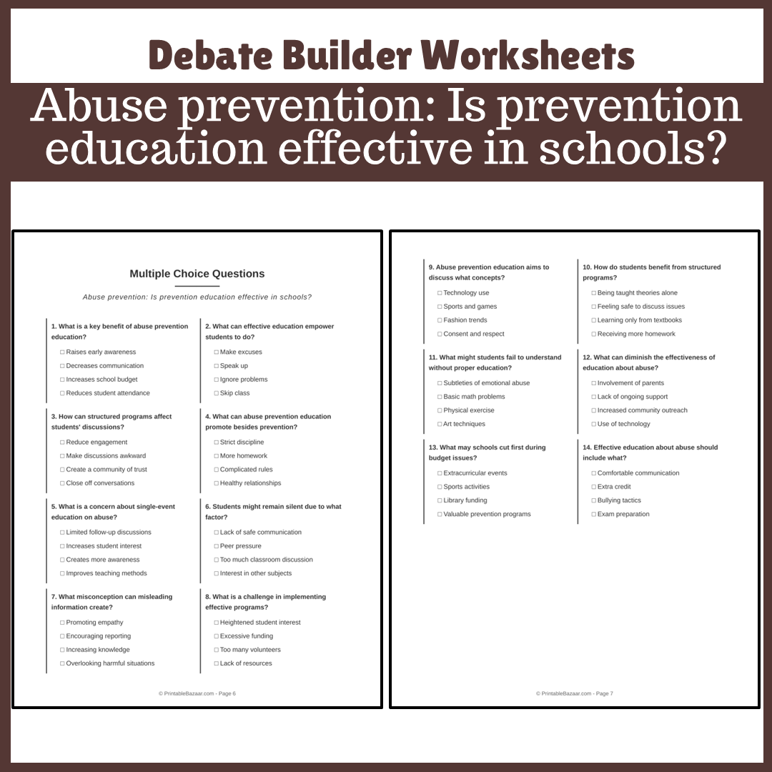Abuse prevention: Is prevention education effective in schools? | Favour and Against Worksheet Printable Activity