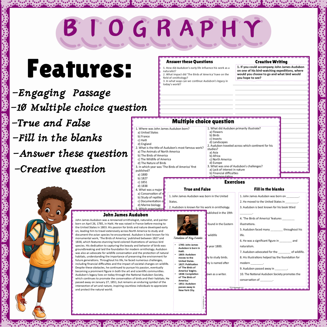 John James Audubon | Biography Reading Comprehension and Questions Worksheet