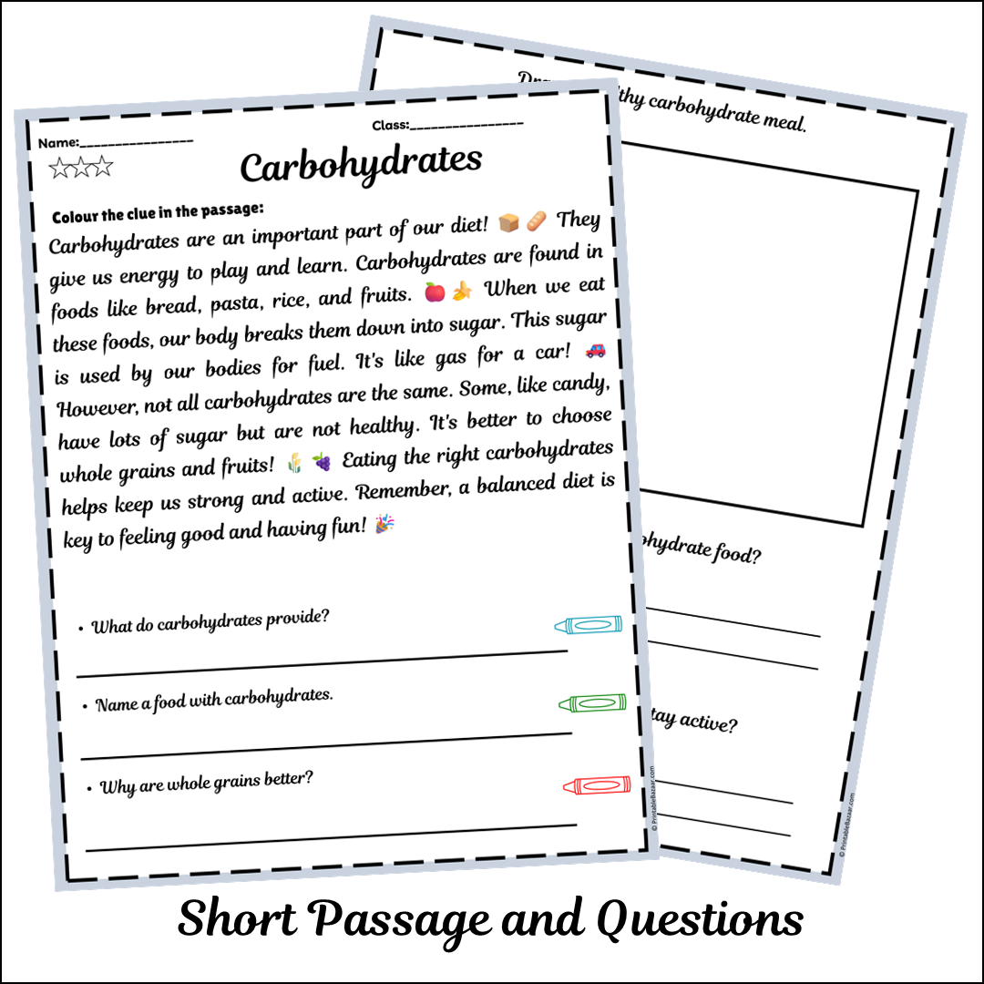 Carbohydrates | Short Reading Comprehension Creative Worksheet