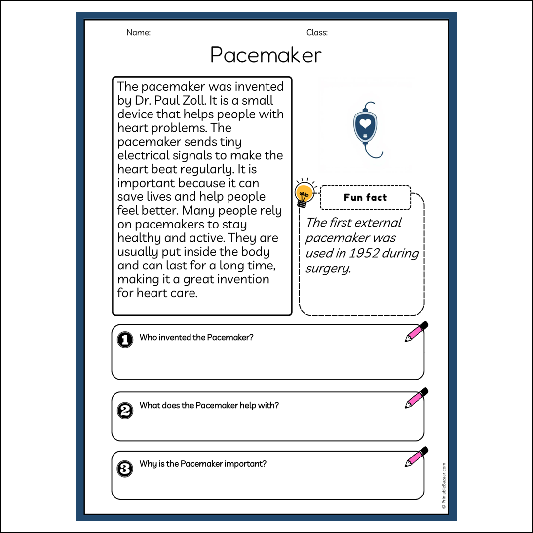 Pacemaker | Reading Passage Comprehension Questions Writing Facts Worksheet
