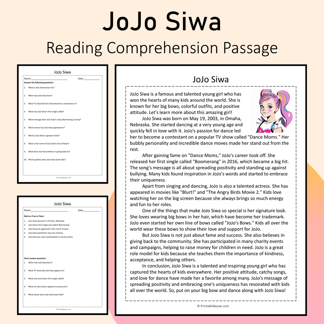 JoJo Siwa | Reading Comprehension Passage Printable Activity