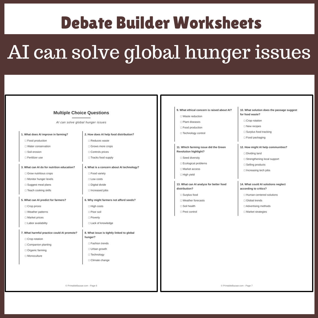 AI can solve global hunger issues | Favour and Against Worksheet Printable Activity