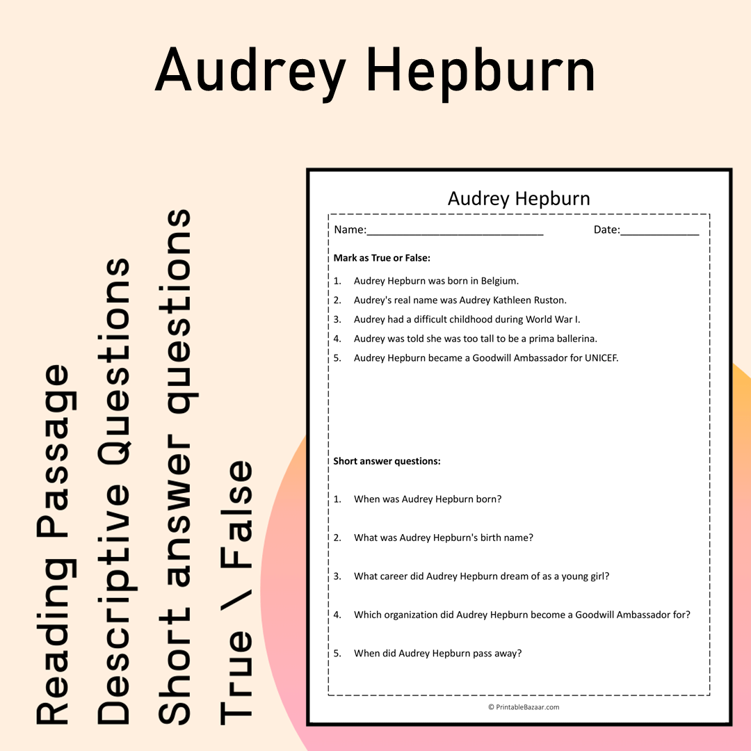 Audrey Hepburn | Reading Comprehension Passage Printable Activity