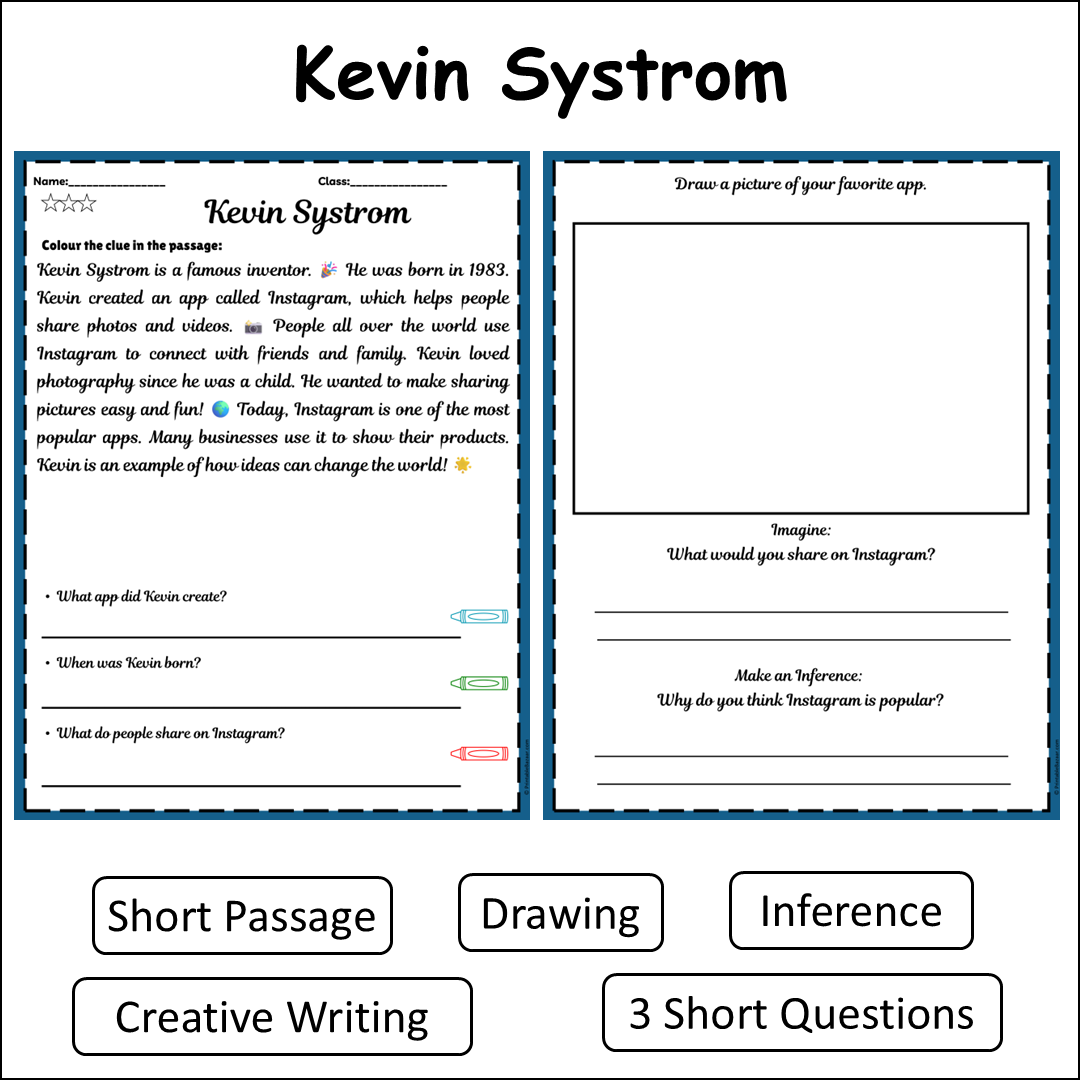 Kevin Systrom | Short Reading Comprehension Creative Worksheet