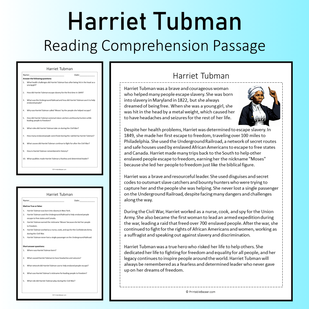 Harriet Tubman | Reading Comprehension Passage Printable Worksheet
