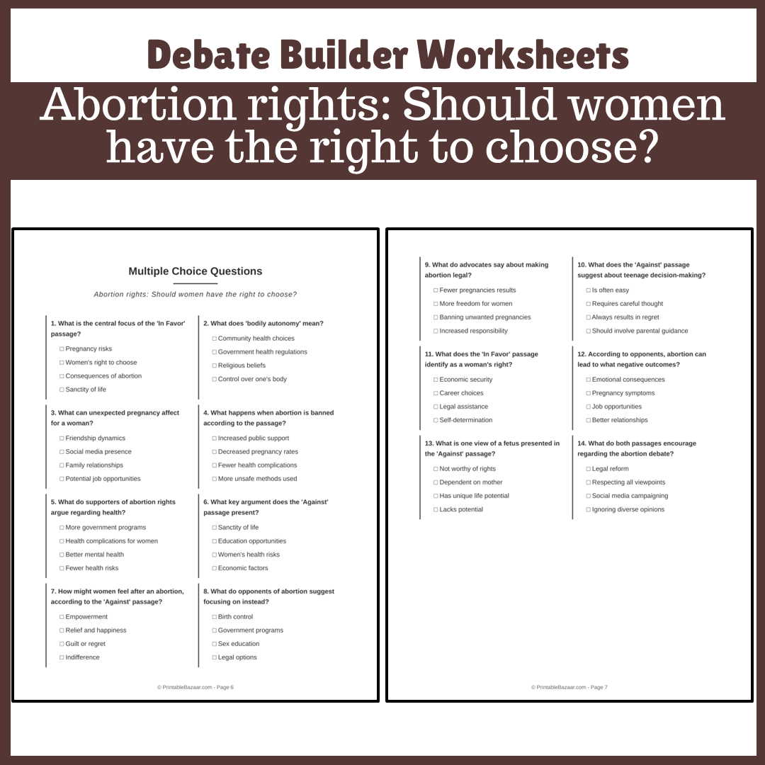 Abortion rights: Should women have the right to choose? | Favour and Against Worksheet Printable Activity