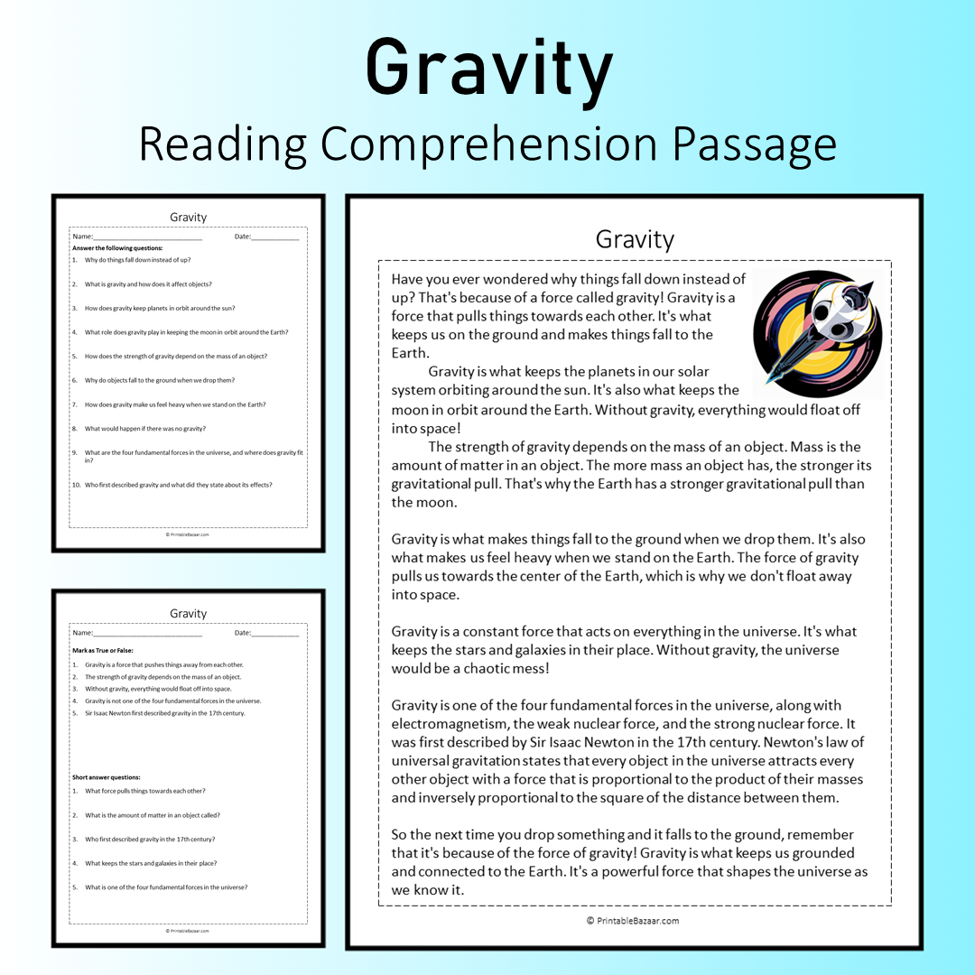 Gravity | Reading Comprehension Passage Printable Worksheet