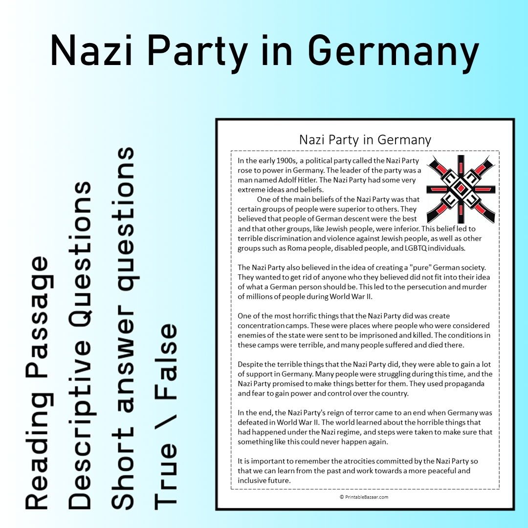 Nazi Party in Germany | Reading Comprehension Passage Printable Worksheet
